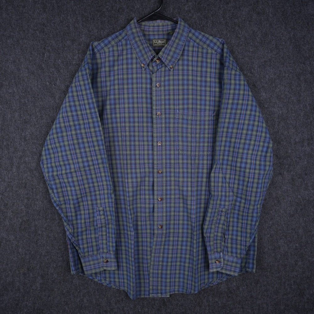 Vintage L.L. Bean Plaid Button Down Shirt Mens Large Blue Green Good Cotton